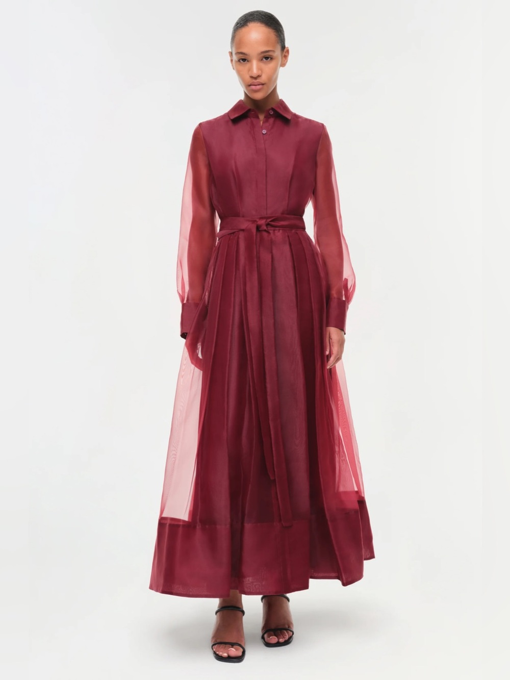 NEW SIMKHAI Montgomery Organza Belted Midi Dress Gown, Oxblood Wine Red 6